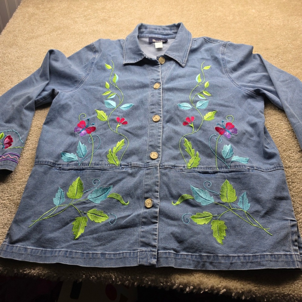Denim & Co Embroidered Butterfly Floral Denim Jacket Blue Light Wash Large